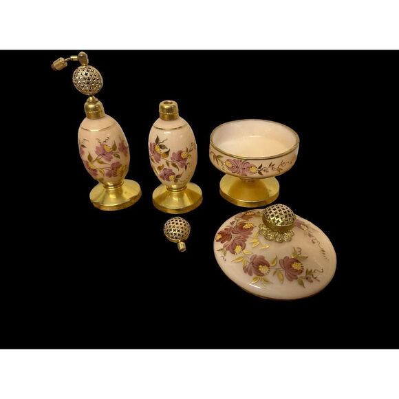 Vintage Satin Glass Vanity Set with Hand Painted Floral Design and Gold Trim - Picture 5 of 8